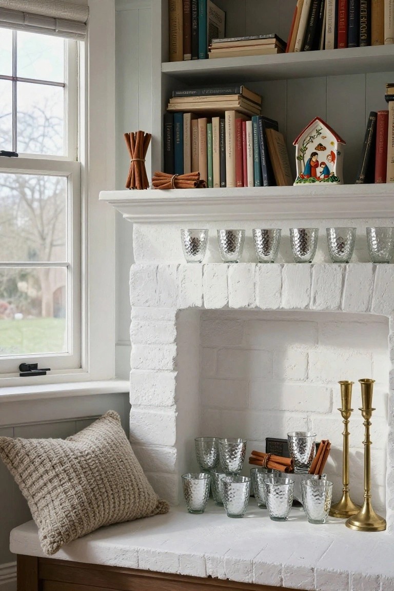 White brick fireplace mantel lined with rows of mercury glass votives and glasses, some filled with cinnamon sticks, next to bookshelves, a window, and brass candlesticks.