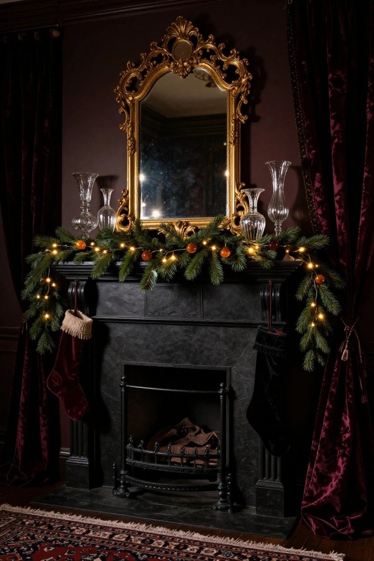 A black marble fireplace mantel in a maroon-walled room decorated for Christmas with evergreen garland strung with fairy lights and orange ornaments, flanked by mercury glass vases, a gold-framed mirror above, and red and black stockings hanging from the sides.