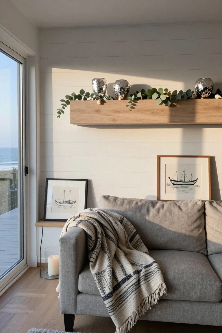 Light interior room corner with gray sofa draped in a throw, wooden floating shelf holding mercury glass vases with eucalyptus garland and shells, nautical artwork on shiplap walls, glass candle holder, and ocean view through large doors.