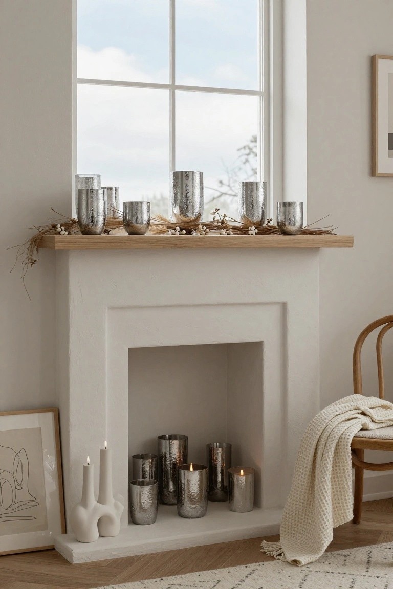 White fireplace mantel with oak shelf holding mercury glass votives, dried grasses, berries, and stems; inside firebox, clustered mercury glass candles and tapers; nearby white ceramic vases, abstract framed art, window with cloudy sky, and chair with white throw on wood floor