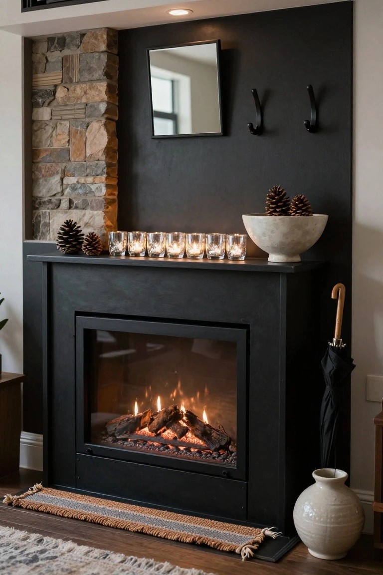 Black fireplace mantel with a row of lit mercury glass votives, pinecones, and a white bowl on top, gas flames burning inside the firebox, stone accents on the wall, and an umbrella and plant nearby.