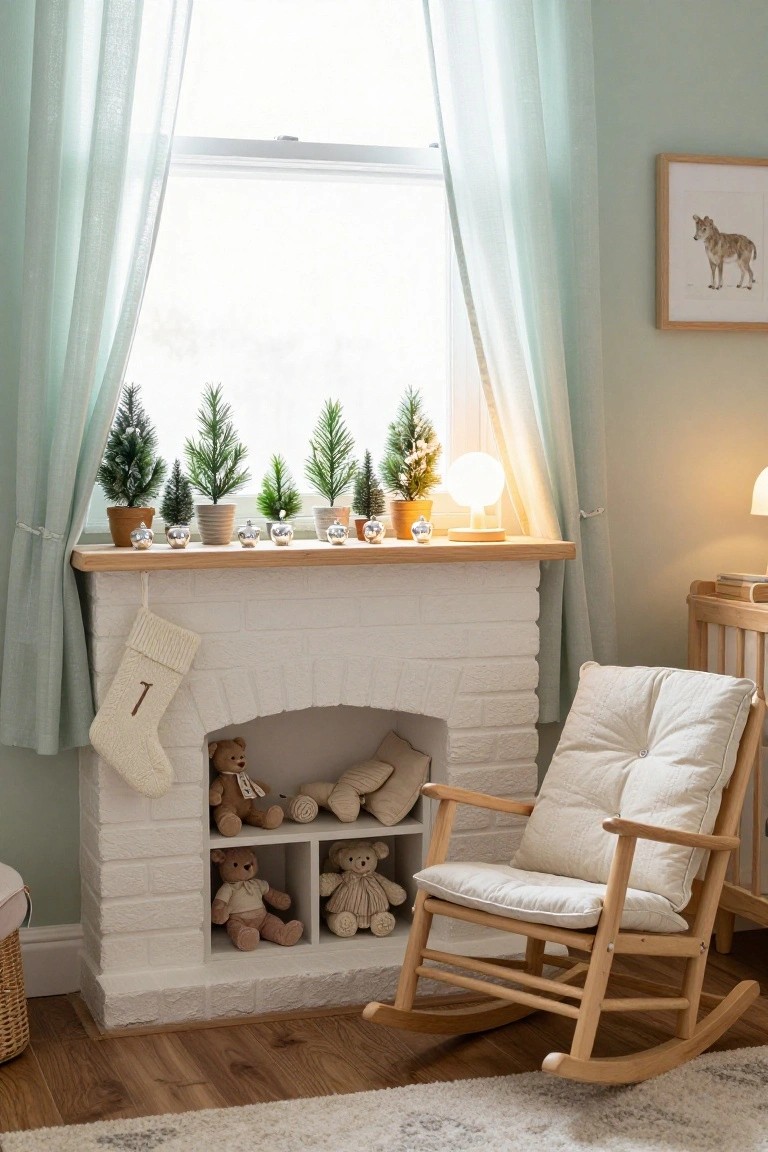 A nursery room with light green walls and a white brick fireplace mantel topped by small potted flocked Christmas trees, mercury glass bells, and a lamp, with a knit stocking hanging beside a wooden rocking chair and crib.