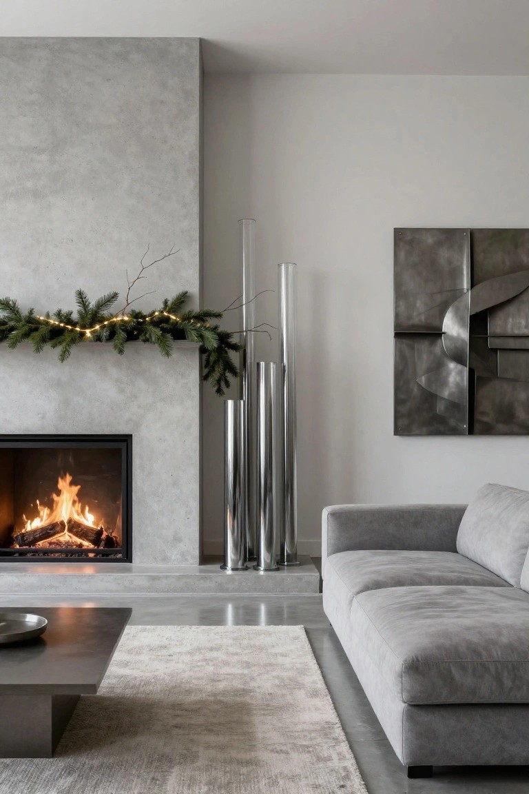 Modern living room featuring a concrete fireplace with evergreen garland and fairy lights on the mantle, flanked by three tall cylindrical glass pillars, a gray sofa, and a low coffee table on a polished floor.