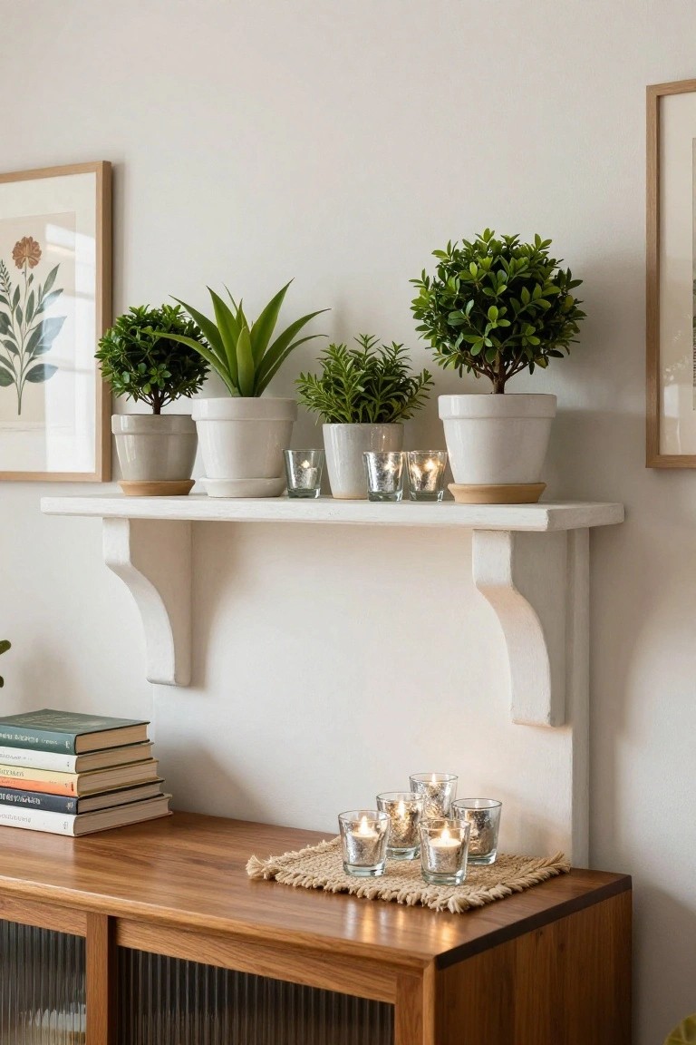 White floating shelves with potted plants and glass votives above a wooden cabinet topped with stacked books and a tray of mercury glass candles.