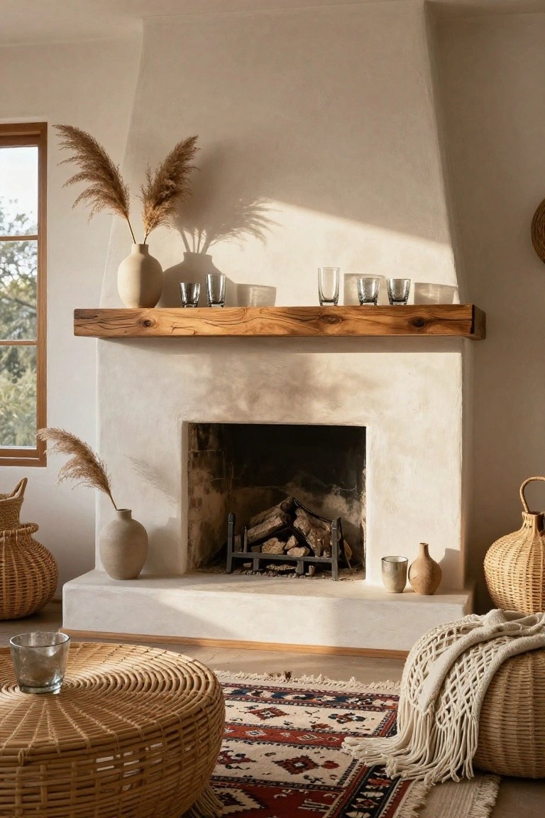 White plaster fireplace with wooden mantel holding pampas grass in vases, ceramic pots, and clustered smoky mercury glass tumblers, woven furniture and baskets on beige rug in sunlit room.