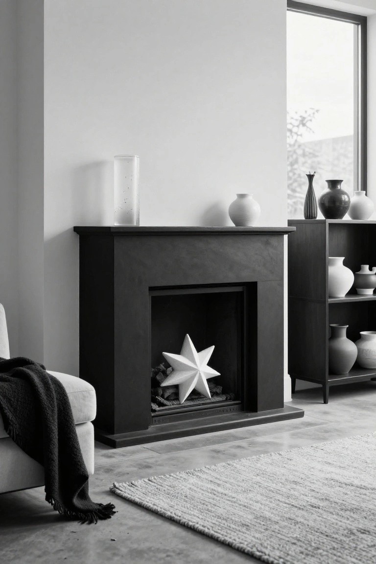 Black-and-white photo of a corner living room with black wood fireplace holding a large white star, white vases on mantel and open shelves, glass cylinder nearby, white armchair with dark blanket, seagrass rug, and window.