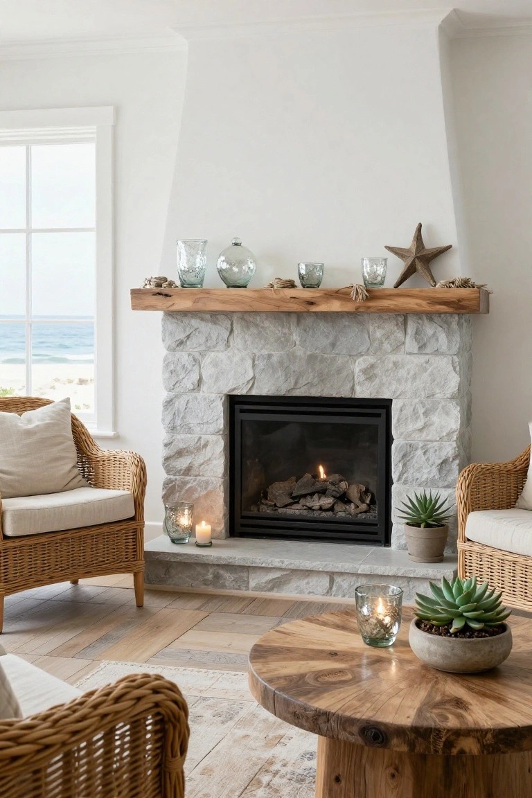 Living room featuring a stacked stone gas fireplace with a wooden mantel holding mercury glass vases, glasses with candles, shells, and a starfish, flanked by rattan chairs, a wooden coffee table with plants and a candle, and a large window showing beach and ocean views.