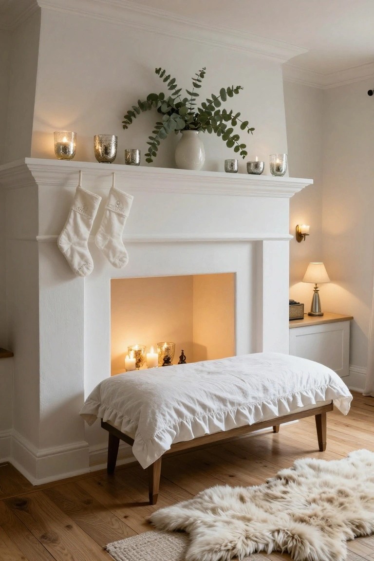 Cozy interior with white stockings, candles, greenery, and a wooden bench on a rug.