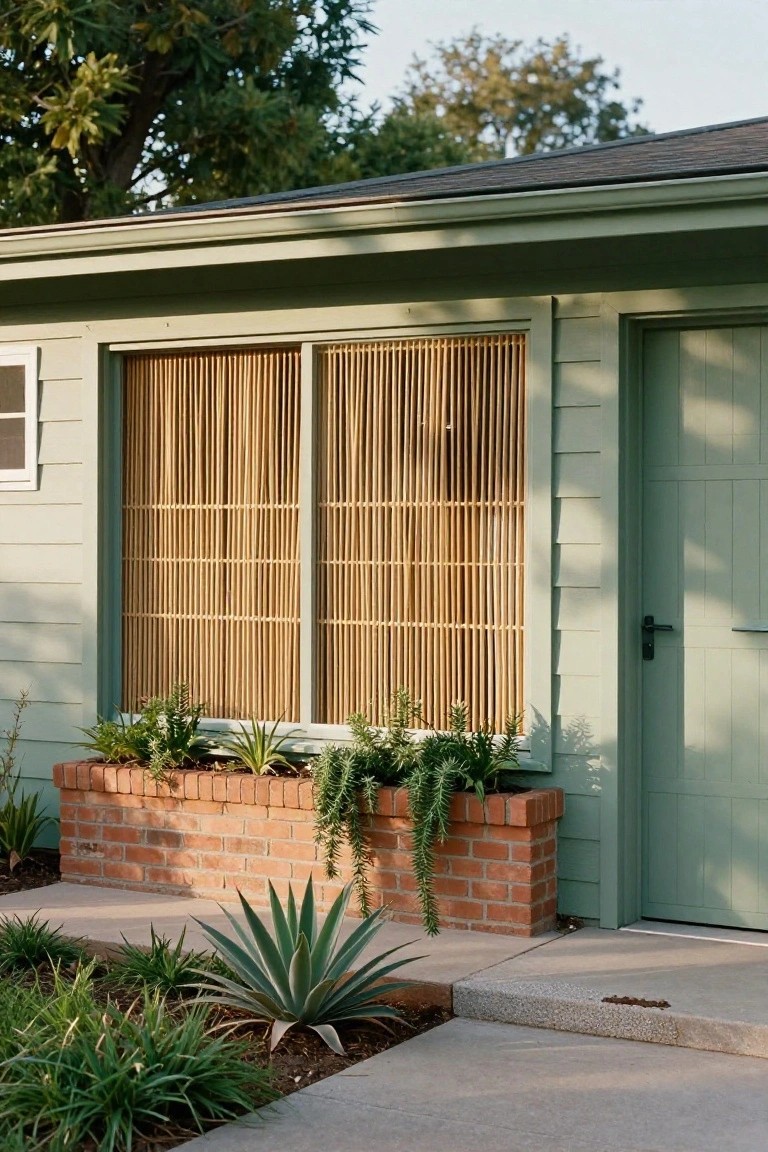Sage green mid-century modern house exterior with vertical bamboo screen over a large window next to a matching green garage door, brick planter box with trailing plants and ferns, agave succulent in foreground, and concrete walkway.