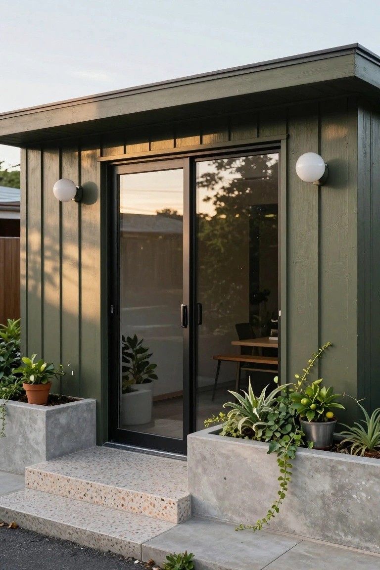 Small dark green board-and-batten shed with black sliding glass door and windows, flanked by concrete planters with various plants, concrete steps leading up, outdoors on a driveway.