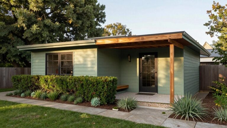 Front view of a sage green board-and-batten sided mid-century house with a deep wooden beam overhang sheltering a black etched glass entry door, wooden bench, brass wall light, flanked by boxwood hedges and succulent garden beds along a stone pathway.