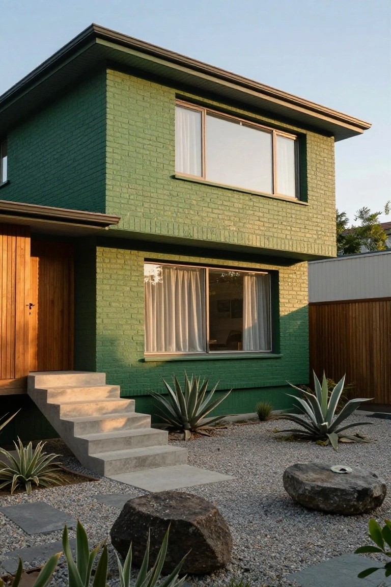 Green brick two-story house exterior with wooden front door, concrete entry steps, large windows, agave plants, gravel ground cover, and boulders in the front yard at dusk.