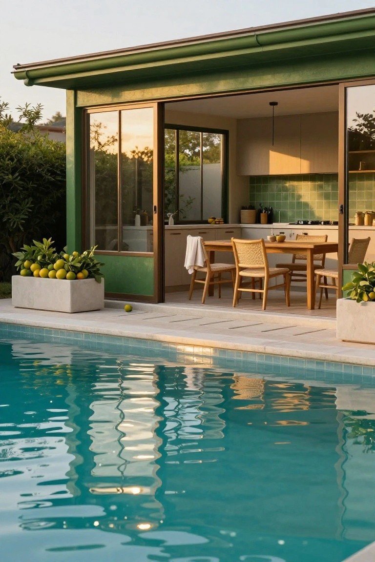 Green modern pavilion-style house exterior with open sliding glass doors revealing kitchen with green tile backsplash and wooden dining table with rattan chairs on tiled patio next to turquoise pool, concrete planters with lemon trees.