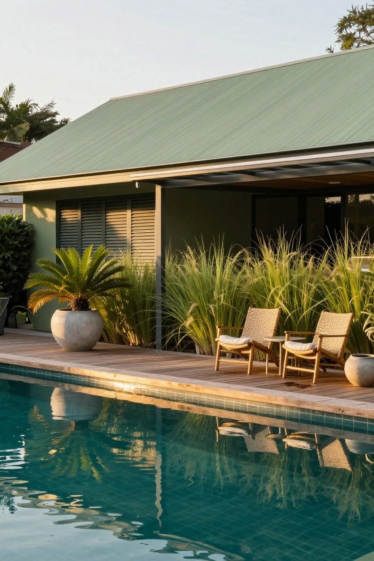 Side view of a house with green metal roof and walls, wooden deck holding two rattan chairs and a table next to a turquoise-tiled pool, tall grasses and a potted palm nearby.
