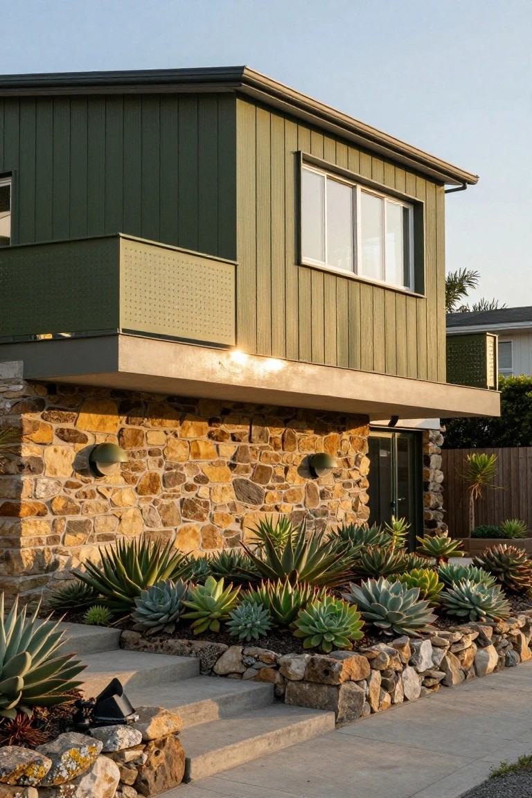 A mid-century modern house exterior with green vertical wood siding on the upper level cantilevered over a lower natural stone wall, flanked by agave plants and stone retaining edges along concrete steps to the entry door.