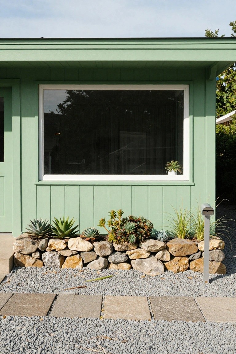 Mint green mid-century house exterior with vertical board-and-batten siding, large window with sheer blinds and potted plant inside, closed door, and adjacent stone planter box filled with succulents, grasses, and aloe plants on gravel ground with stone pavers.