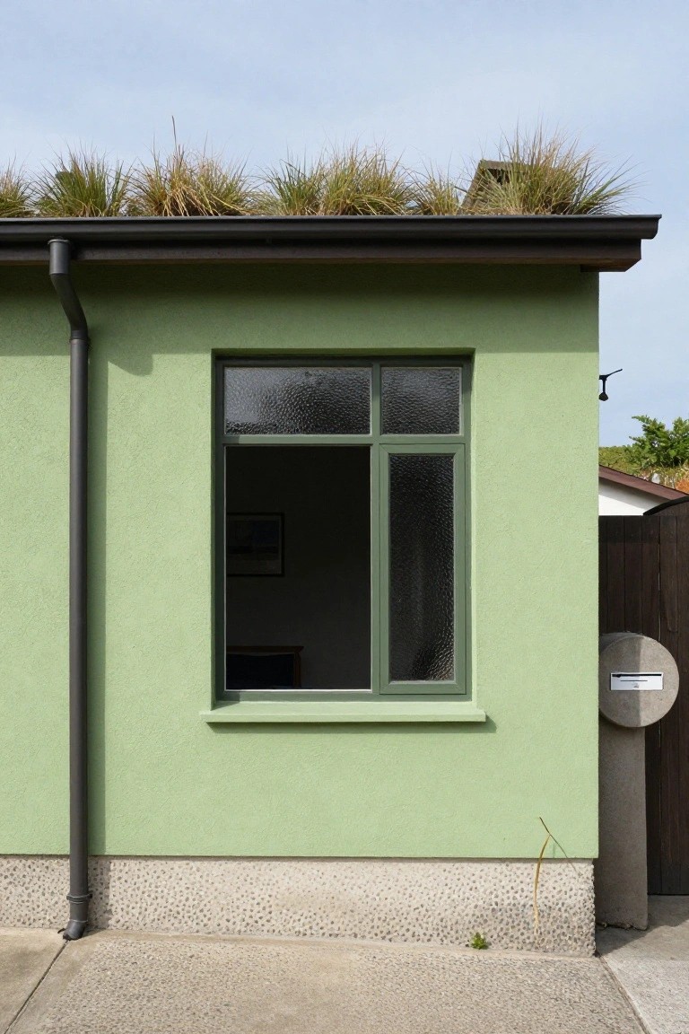 Side view of pale green house with sedum grass green roof, black metal gutter and downspout, divided window with textured glass panes, pebble foundation, and round concrete mailbox next to wooden fence.