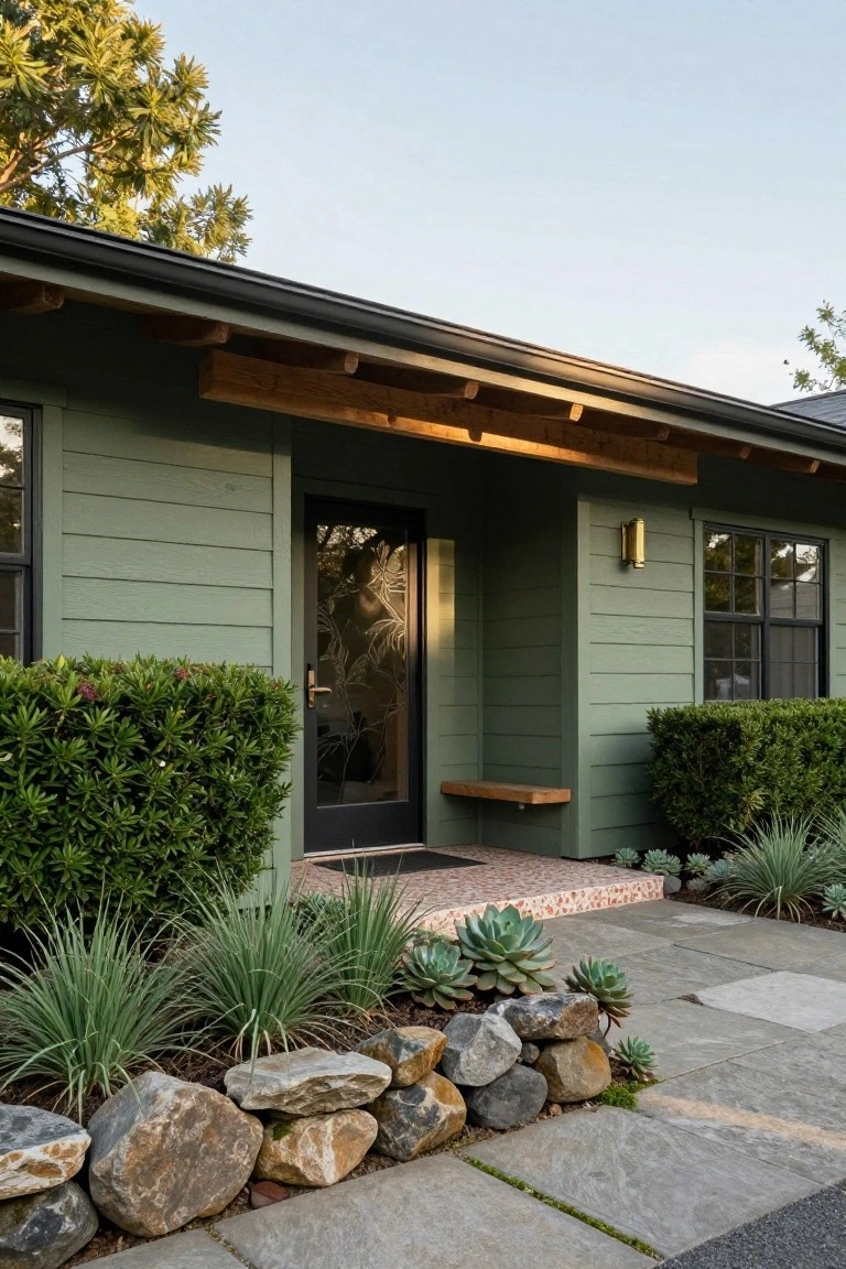 Front view of a sage green board-and-batten sided mid-century house with a deep wooden beam overhang sheltering a black etched glass entry door, wooden bench, brass wall light, flanked by boxwood hedges and succulent garden beds along a stone pathway.