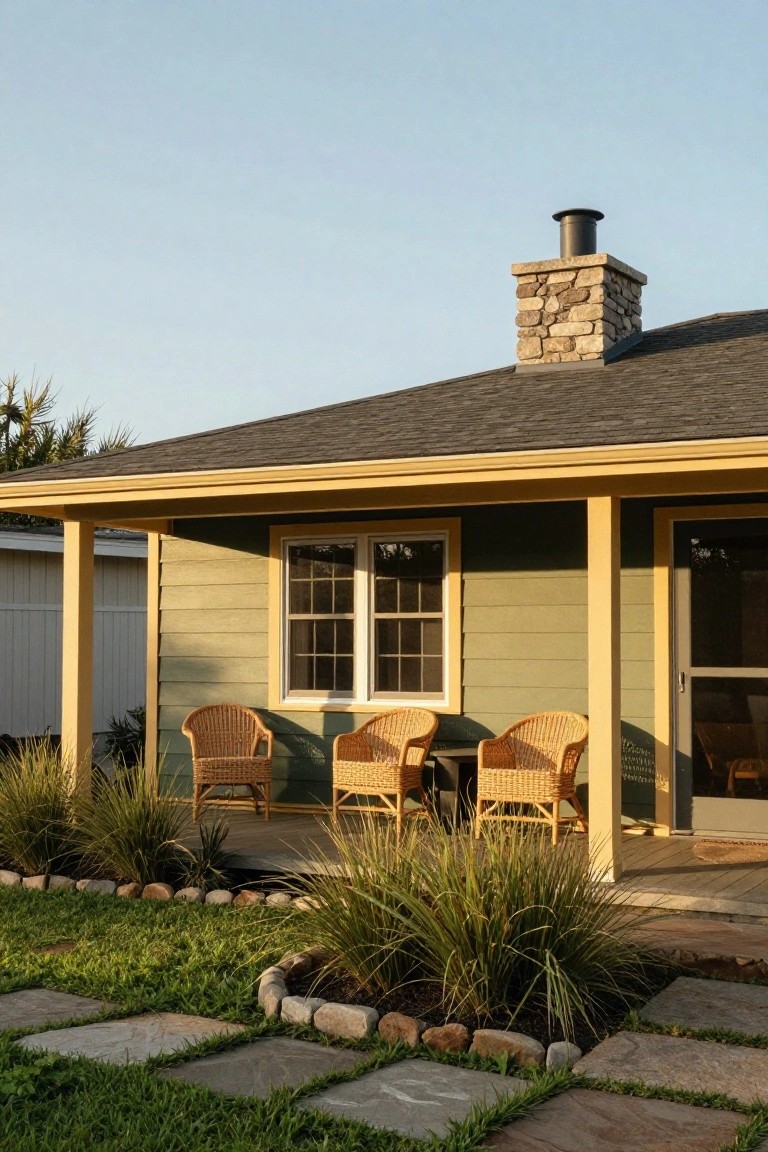 Sage green sided ranch house with yellow trim porch overhang, stone chimney, wicker chairs on porch, potted plants, and stone path in yard.