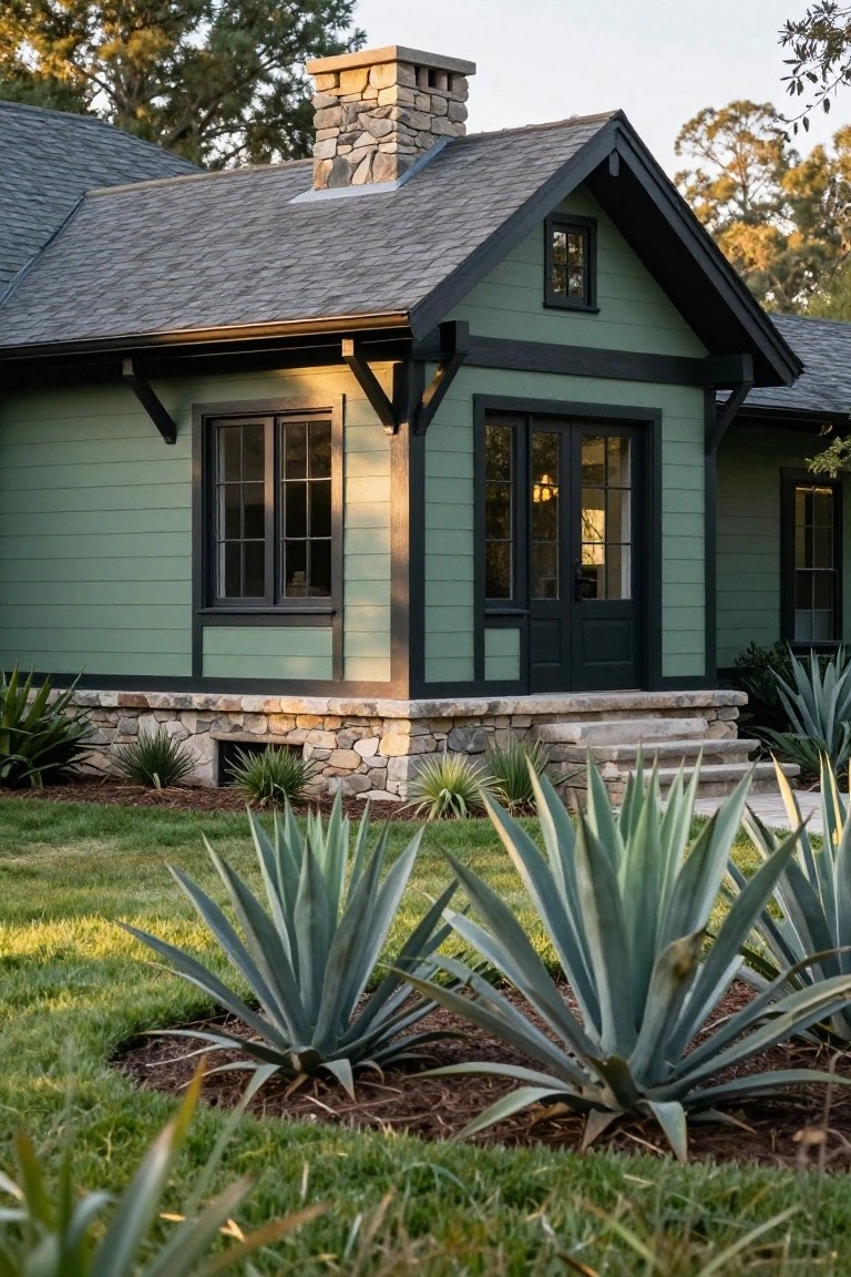 Sage green house exterior with black-trimmed windows and double doors, stone foundation and chimney, steps to entry, and agave plants in mulched beds on a grass lawn.