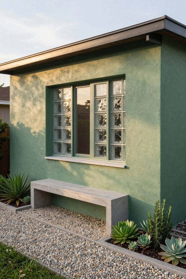 Sage green textured stucco wall of a house with a large horizontal block glass window, concrete bench, gravel path edged with succulents and agave plants.