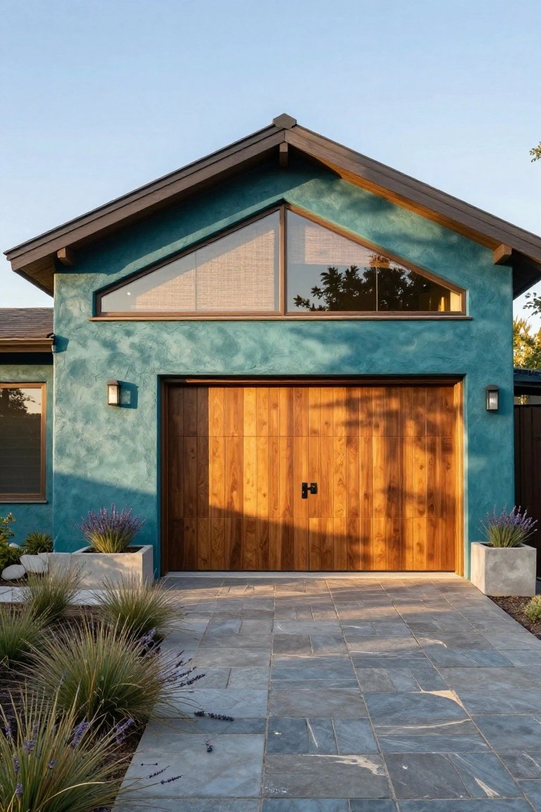 Teal stucco house facade with triangular window above a wooden double garage door, flanked by potted lavender plants and grasses, stone driveway, and wall lanterns.