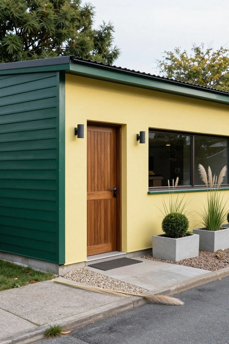 Compact house exterior with dark green shiplap siding on the left side, pale yellow walls on the right, brown wooden double door centered under a green roof, large window, flanked by potted grasses and plants on a concrete path with gravel edging.