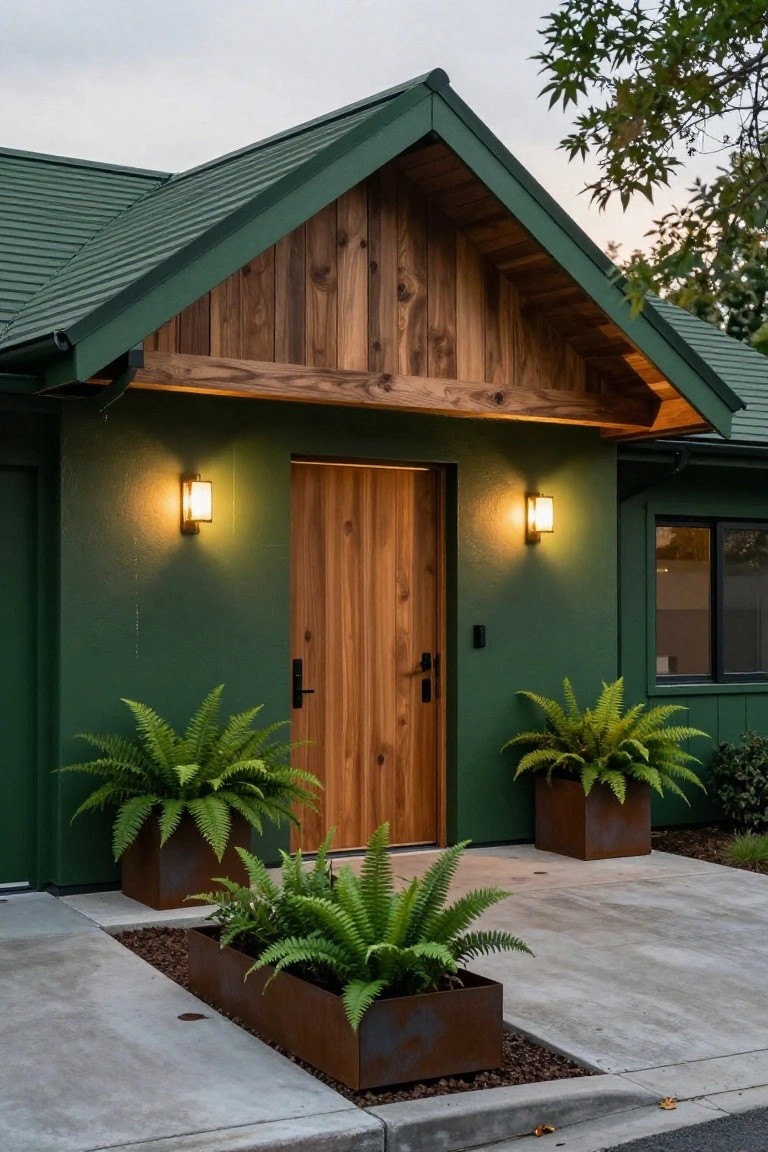 Front exterior of a green house with dark green siding and roof, wooden double front door under a wooden gable, flanked by wall lights and large potted ferns in metal containers on a concrete porch.