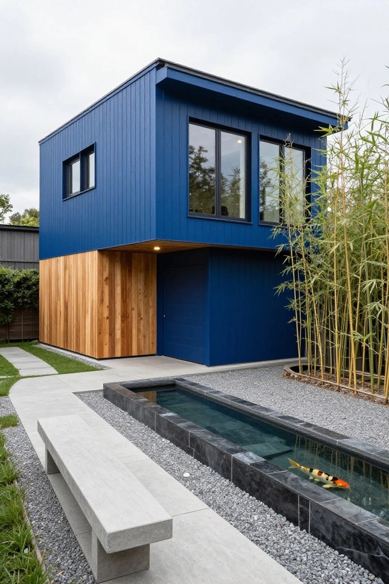 Modern two-story house exterior with navy blue vertical wood cladding on upper levels, cedar wood panels at the base enclosing a blue door, large glass windows, surrounded by bamboo plants, gravel garden, black koi pond with orange fish, concrete bench, and paved path.