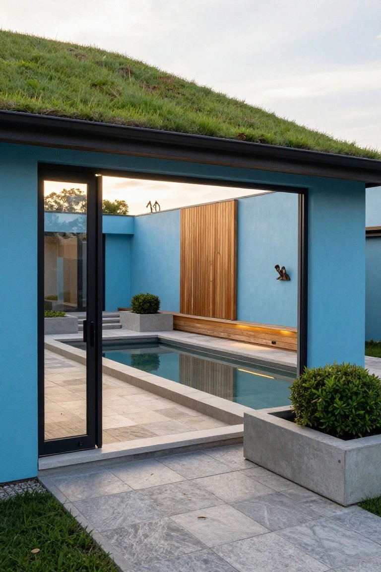 Modern blue house exterior featuring a sloped living green sedum roof, open glass sliding doors, a small rectangular pool, wooden accent wall with sculpture, concrete planters, and gray tiled patio surrounded by grass.