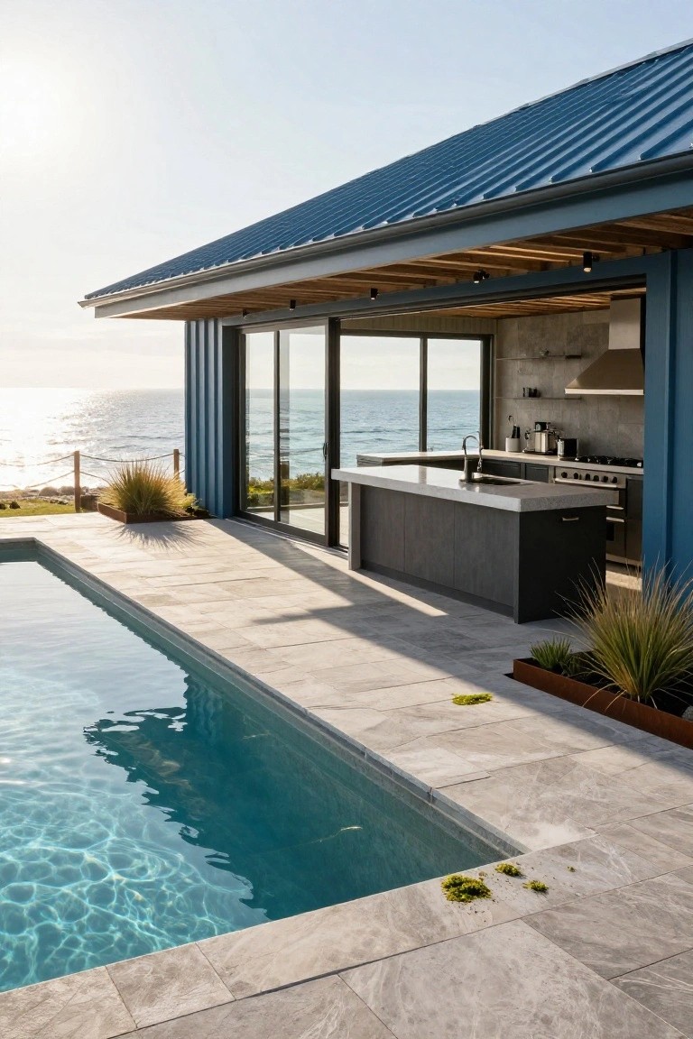 Modern outdoor kitchen with dark cabinets, concrete counters, and blue corrugated metal roof under a pavilion, adjacent to a rectangular pool on a tiled deck overlooking the ocean.