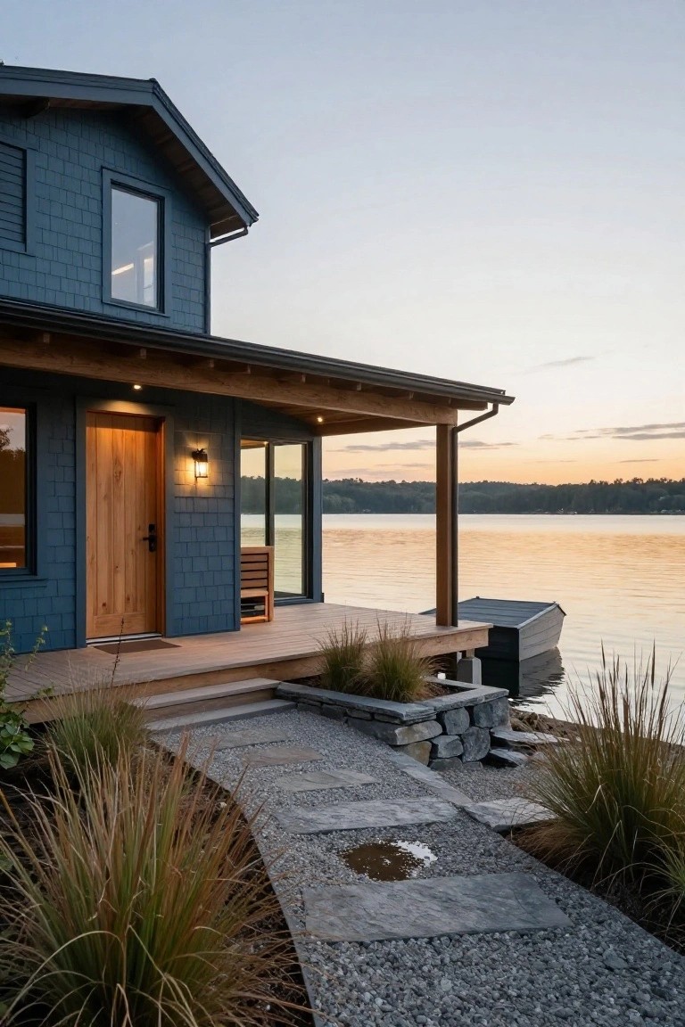 Blue shingled house exterior with wooden door, porch, and dock overlooking a lake, stone pathway edged with tall grasses.