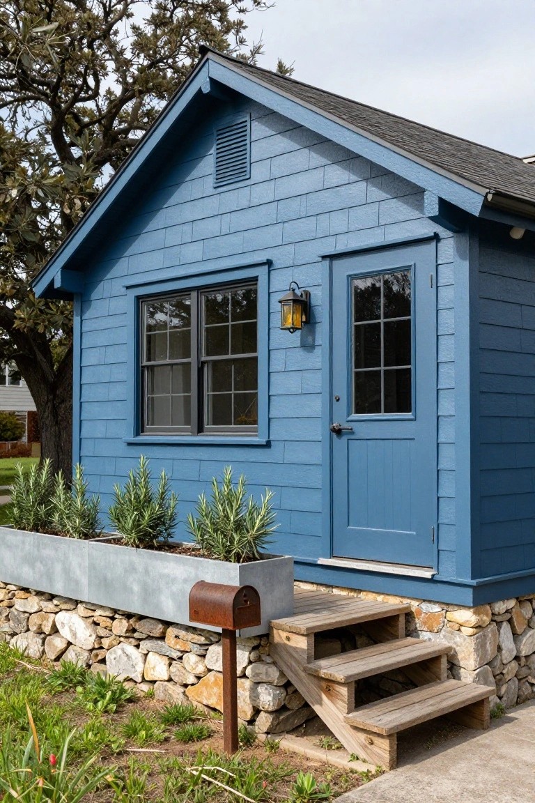 Small blue shingled gable house with front door, window, lantern light, wooden steps, metal planter of rosemary plants, rusty mailbox, and stone wall edging.