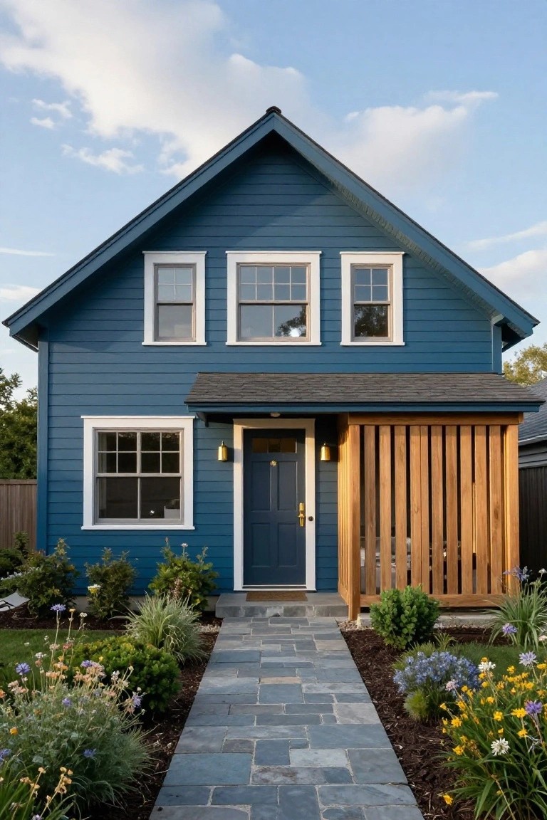 Front view of a navy blue clapboard house with gabled roof, symmetrical white-trimmed windows, dark blue front door, slatted wooden entry canopy, stone walkway, and bordered flower beds with various plants.