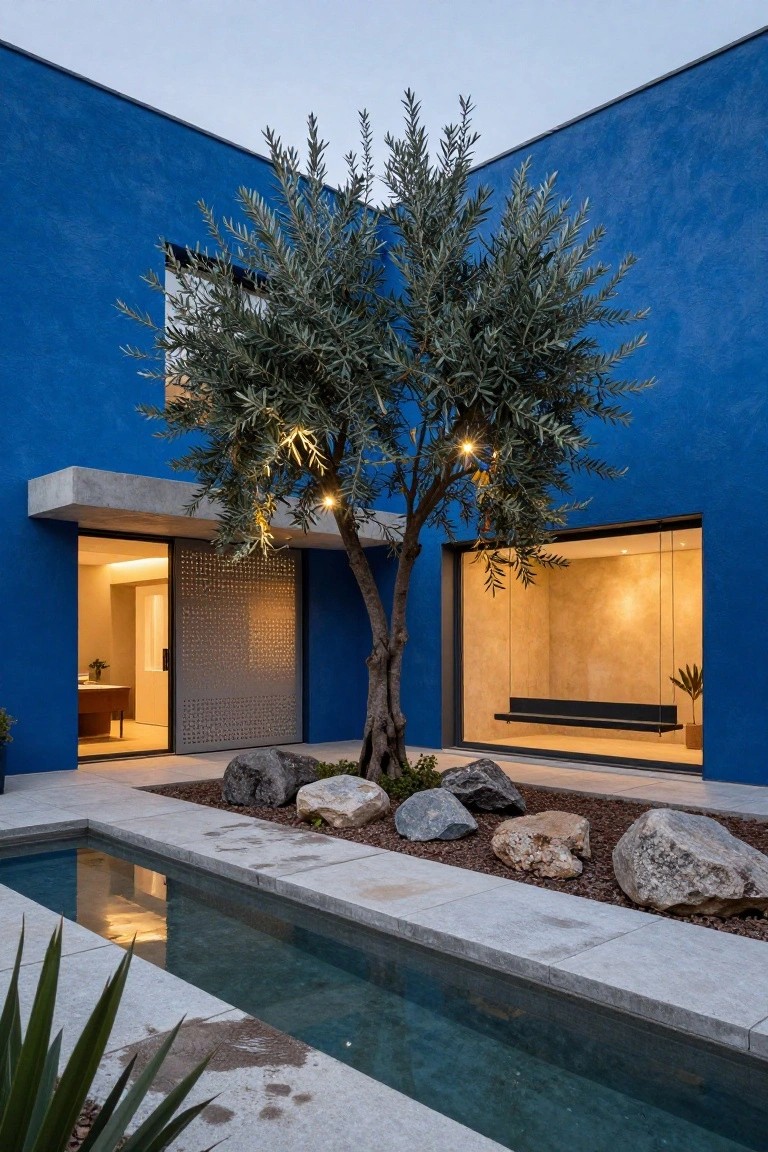 Blue stucco modern house corner with central lit olive tree, narrow reflecting pool, large rocks, and open entry with gray sliding door and interior bench.