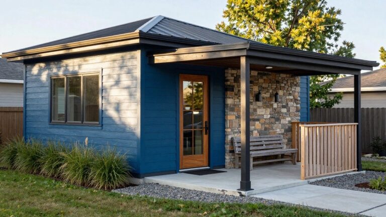 Side exterior of a house with navy blue board-and-batten siding, standing-seam metal roof, wood-framed glass entry door, black-framed multi-pane windows, fieldstone base, wooden bench, gravel bed with grasses, and concrete walkway