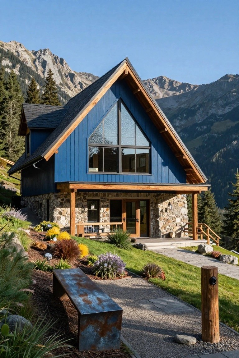 Blue clapboard chalet-style house with steep dark roof, large triangular front window, wooden porch and accents, stone foundation, gravel path, bench, landscaping, and mountain backdrop.