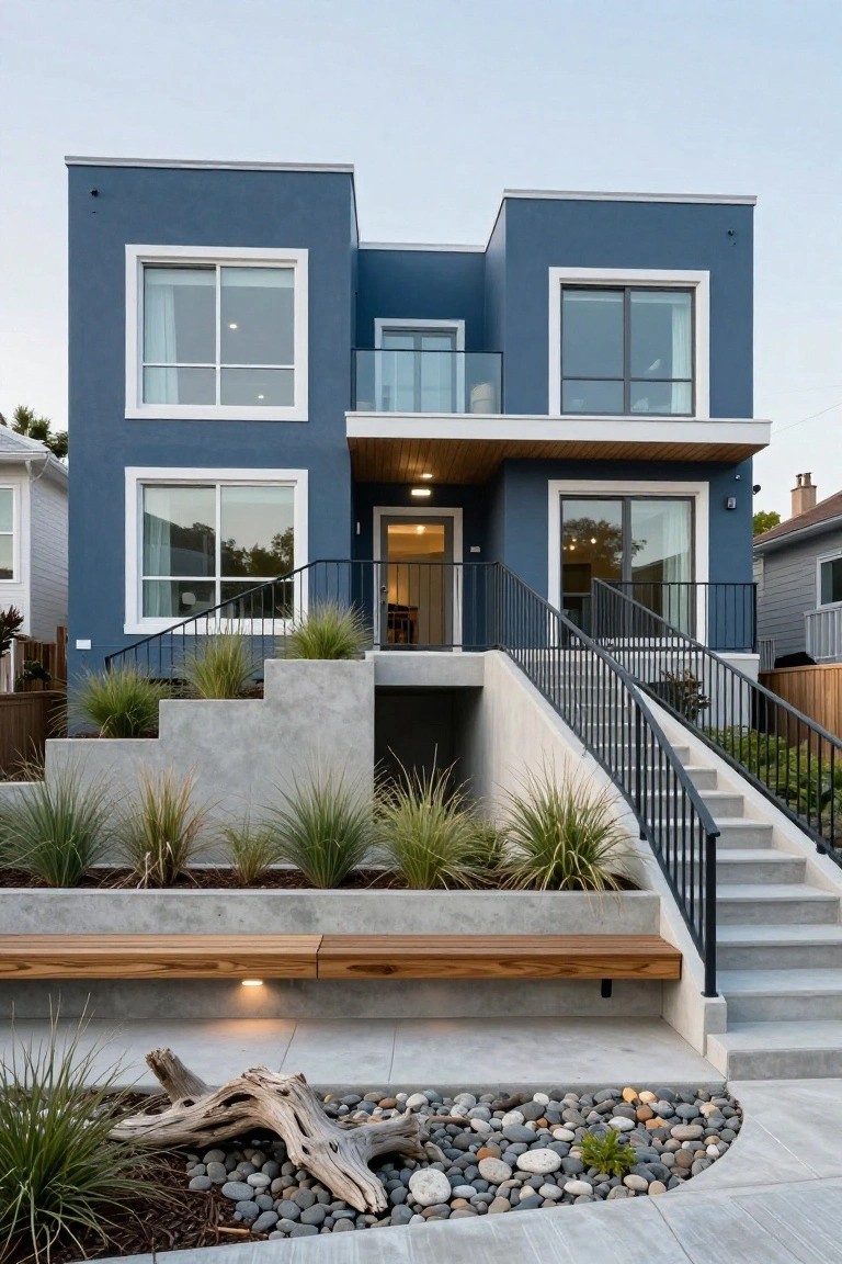 Two-story modern house painted deep blue with white window frames, a wooden balcony, black metal railings and stairs ascending through gray concrete terraced retaining walls planted with grasses, a wooden bench, and pebble ground cover at the base.