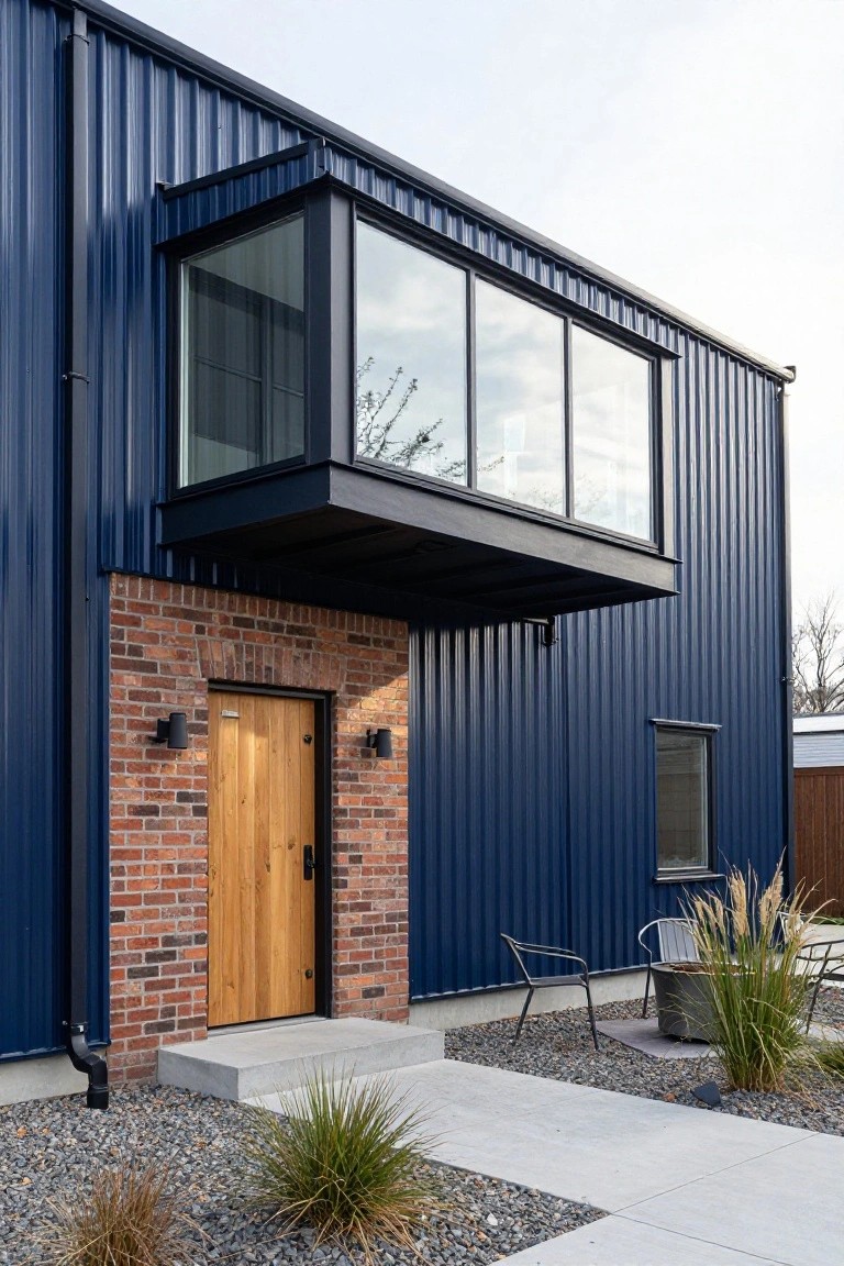 Side exterior of a modern two-story house with navy blue corrugated metal siding, black-framed protruding glass window box, brick entryway with wooden door and black wall lights, concrete steps, gravel ground cover, and clusters of ornamental grasses.
