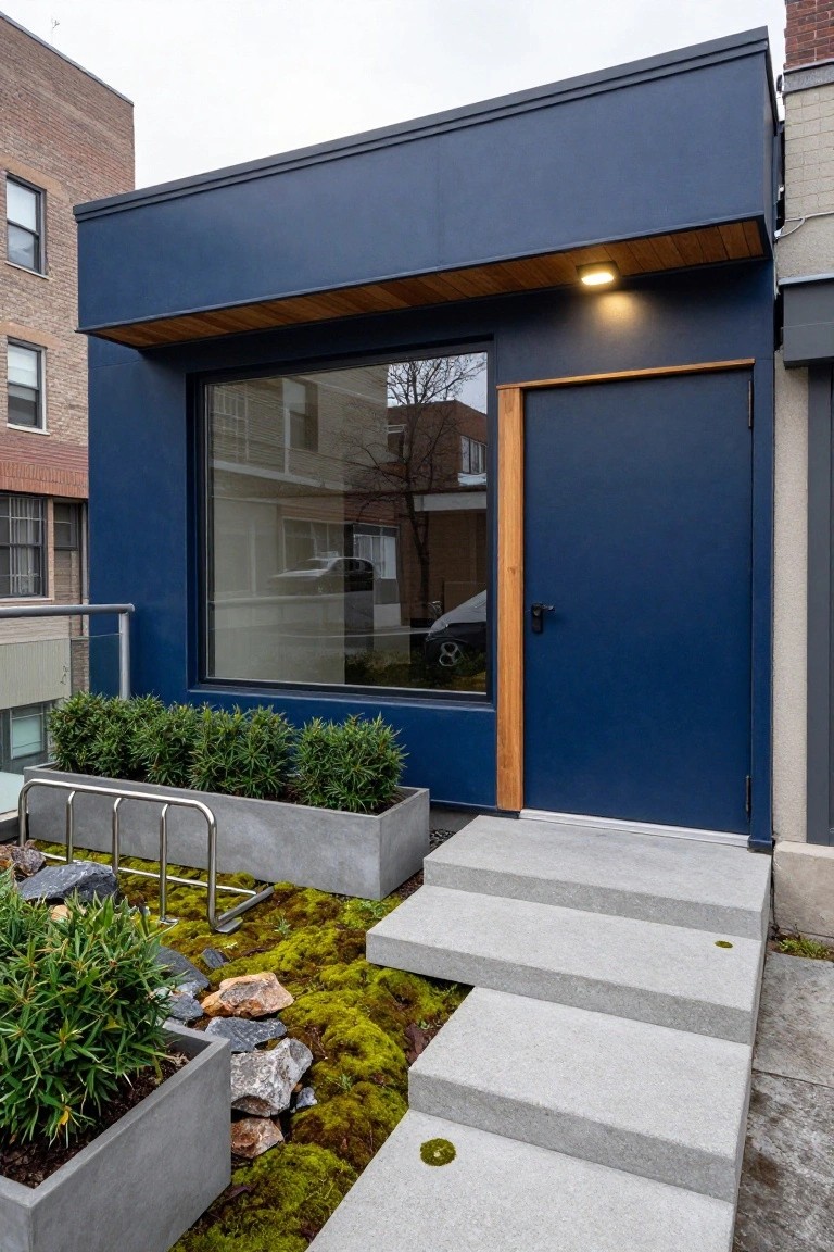 Modern navy blue house exterior with large glass window, wooden framed door, concrete entry steps, metal bike rack, and concrete planters containing shrubs, rocks, and moss ground cover.