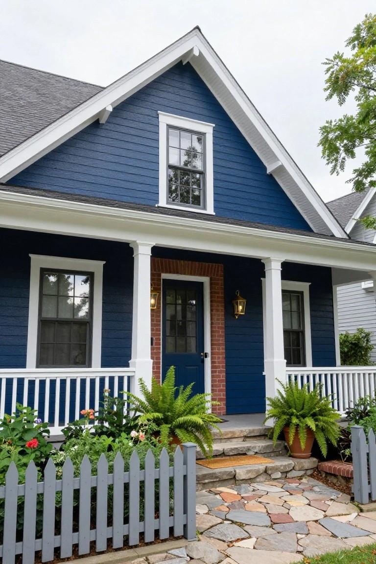 Front exterior of a two-story navy blue house with white trim, gabled roof, covered porch with columns, navy front door with red brick surround, double-hung windows, potted ferns on porch, gray picket fence, and flagstone path to entry.