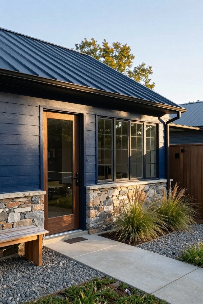Side exterior of a house with navy blue board-and-batten siding, standing-seam metal roof, wood-framed glass entry door, black-framed multi-pane windows, fieldstone base, wooden bench, gravel bed with grasses, and concrete walkway