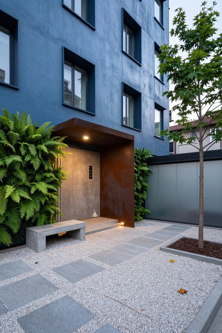 Blue multi-story building exterior with rust-colored metal canopy over a concrete entry door flanked by ferns, a concrete bench on gravel paving, and a nearby tree in a pebble bed.