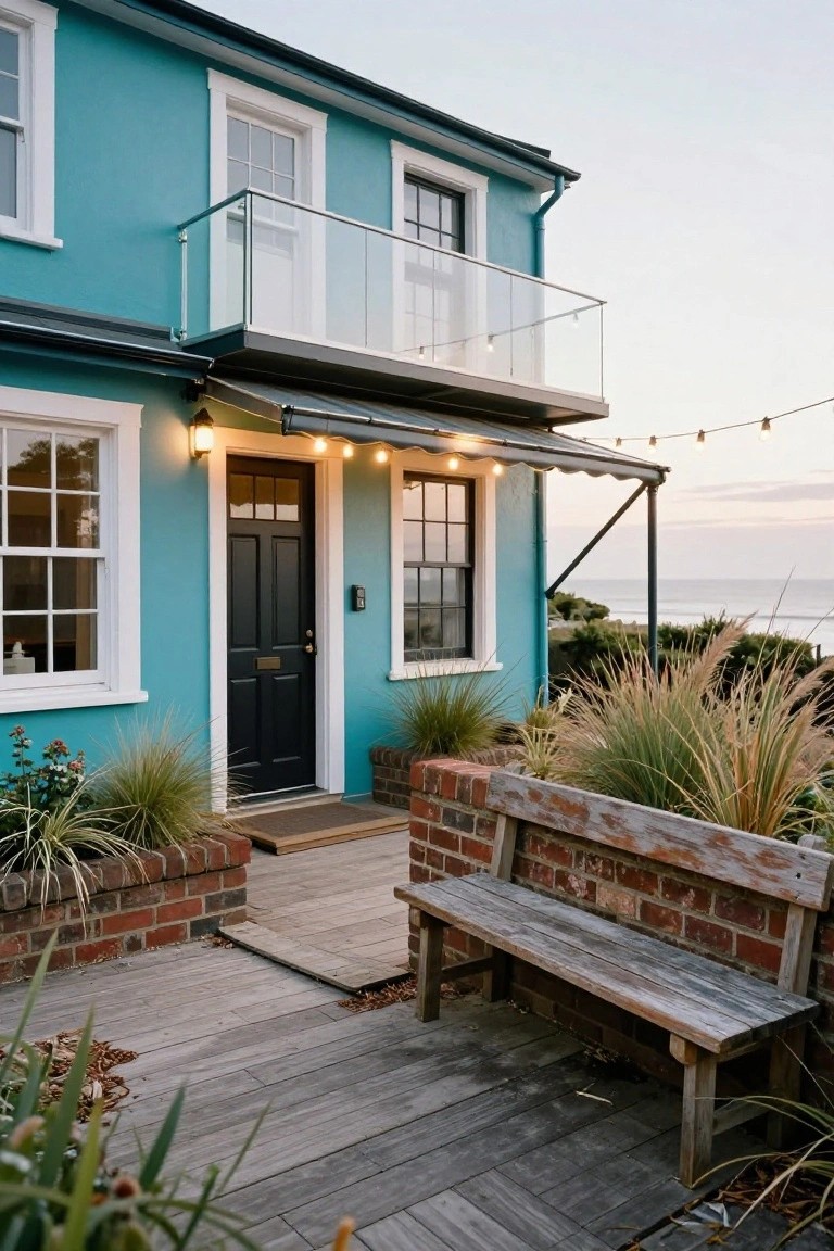 Two-story turquoise house exterior with white-framed windows, black front door, glass balcony, awning with string lights, wooden deck, brick bench, and grasses near ocean view.