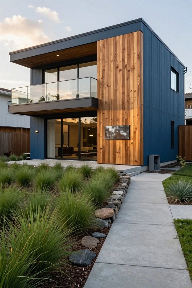 Modern two-story house with navy blue vertical siding, tall vertical wood cladding on one corner, glass balcony and large sliding doors, concrete entry path, ornamental grasses, rocks, and adjacent landscaping.