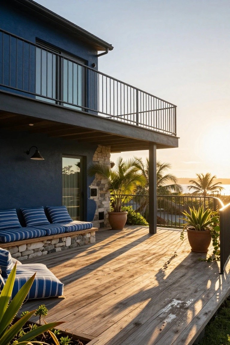 Blue house wall beside a wooden deck with built-in stone benches topped by blue striped cushions, potted plants and palms, black metal balcony railing above, and ocean view at sunset.