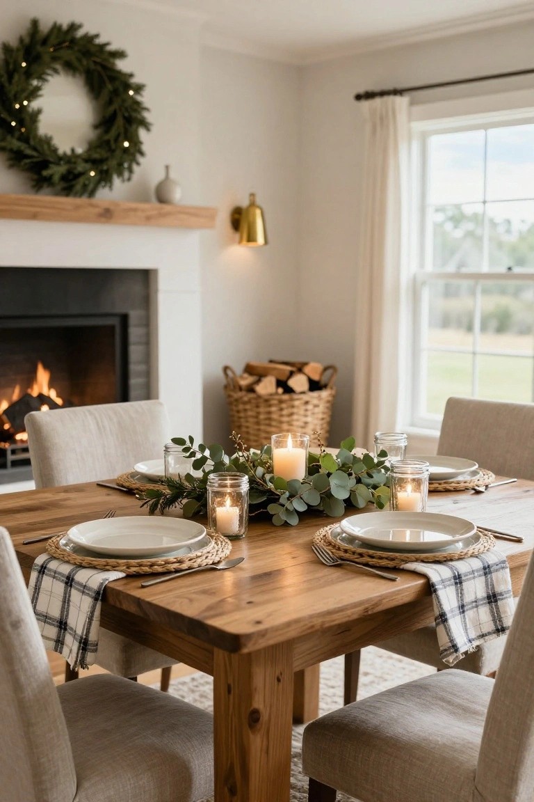 Wooden dining table in a living room with fireplace, set for four with white plates on seagrass placemats, plaid napkins, eucalyptus garland centerpiece with pillar candles in glass jars, and a lit fire in the background.