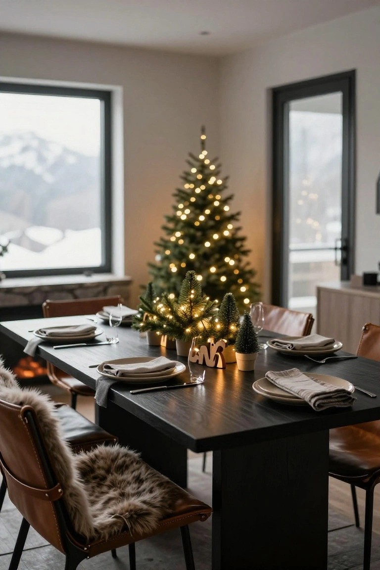 Modern dining room with black wood table set for Christmas using neutral plates, glassware, linens, candles, and small trees, fur-draped leather chairs, lit Christmas tree, and snowy mountain view through large windows.