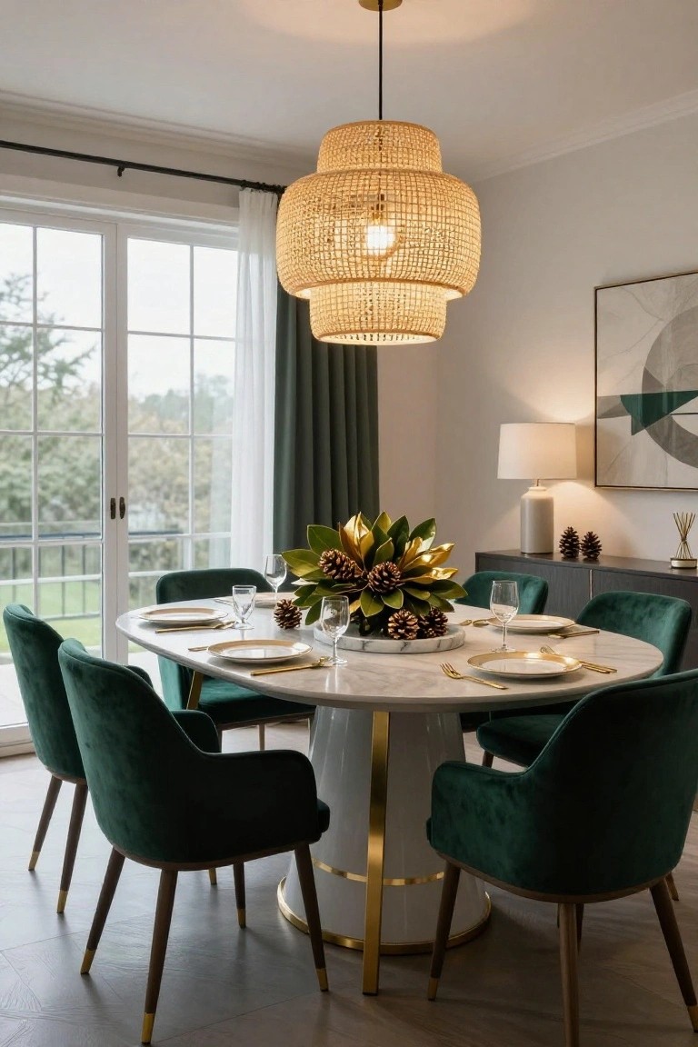 Oval white marble dining table with gold pedestal base surrounded by six emerald green velvet upholstered chairs, set with white plates, gold utensils, wine glasses, and a centerpiece of gold-dipped magnolia leaves and pinecones, under a double-tier rattan pendant light in a room with large windows and green curtains.