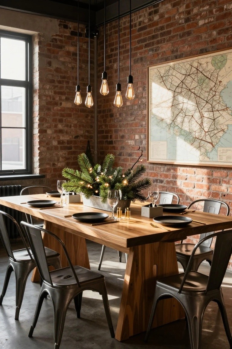 Dining room with exposed brick walls, wooden trestle table set with black plates, gold flatware, wine glasses, salt shaker, and pine greenery centerpiece with fairy lights, surrounded by metal chairs, under hanging Edison bulbs.